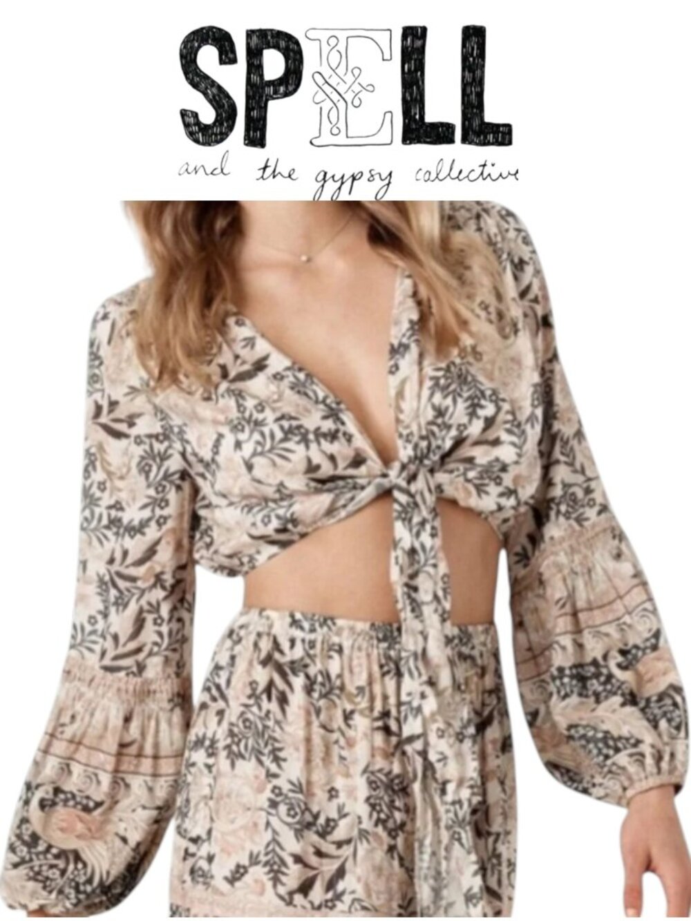 Spell & the Gypsy Oasis Pearl Maxi Skirt Set w/Long Sleeve Tie Crop Top Medium